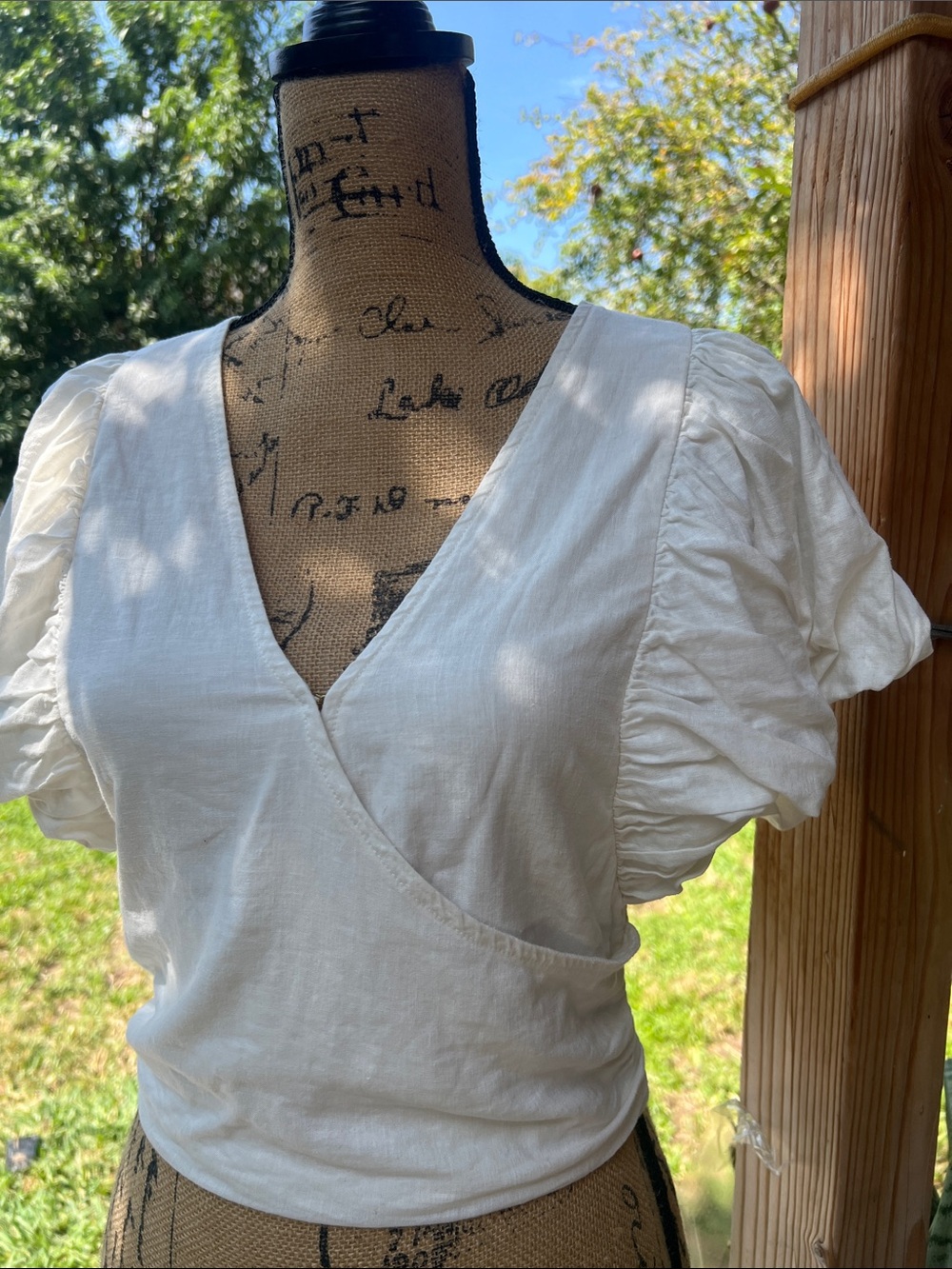 Free People White Puff-Sleeve Wrap Crop Top